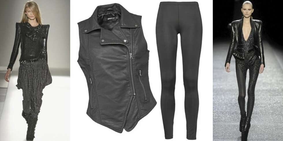 ROCKA STIL: Fra Balmain og Nina Ricci sin motevisning. Vest i imitert skinn fra Gina Tricot (kr 499) og tights fra Lindex (kr 149). ROCKA STIL: Fra Balmain og Nina Ricci sin motevisning. Vest i imitert skinn fra Gina Tricot (kr 499) og tights fra Lindex (kr 149).