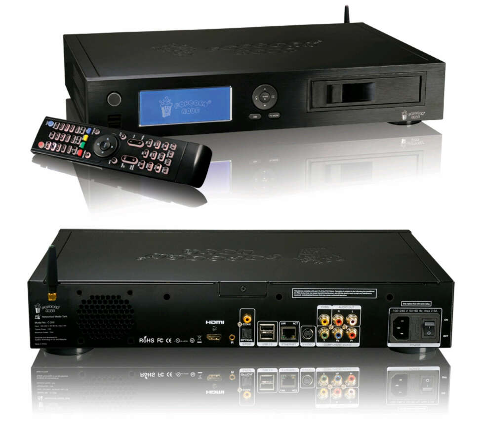 POPKORN OG BLU-RAY: PopcornHours kommende modell C-200 er en nettverksavspiller som har støtte for både intern harddisk og Blu-ray-drev. Den støtter UPnP AV. POPKORN OG BLU-RAY: PopcornHours kommende modell C-200 er en nettverksavspiller som har støtte for både intern harddisk og Blu-ray-drev. Den støtter UPnP AV.