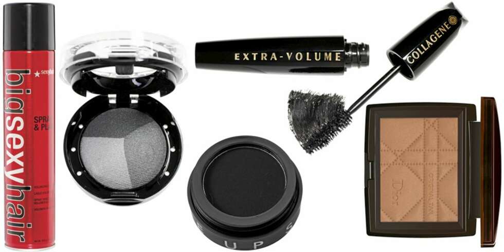 FRA VENSTRE: Big Sexy Hair Spray & Play hårspray (kr 229), L'Oréal Color Appeal Trio Pro øyenskygge (kr 139), Makeupstore Cake eyeliner (kr 155), Maybelline Extra-Volume Collagene+ maskara (kr 159), Dior Original Tan Healthy Glow Bronzing Powder solpudder (kr 375). FRA VENSTRE: Big Sexy Hair Spray & Play hårspray (kr 229), L'Oréal Color Appeal Trio Pro øyenskygge (kr 139), Makeupstore Cake eyeliner (kr 155), Maybelline Extra-Volume Collagene+ maskara (kr 159), Dior Original Tan Healthy Glow Bronzing Powder solpudder (kr 375).