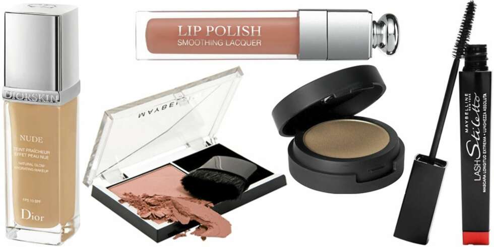 FRA VENSTRE: Dior Skin Nude Fluide foundation (kr 395), Maybelline Expert Wear Blush (kr 99), Dior Addict Lip Polish Radiance Expert lipgloss (kr 265), Makeupstore Microshadow Tie øyenskygge (kr 140), Maybelline Lash Stiletto maskara (kr 135). FRA VENSTRE: Dior Skin Nude Fluide foundation (kr 395), Maybelline Expert Wear Blush (kr 99), Dior Addict Lip Polish Radiance Expert lipgloss (kr 265), Makeupstore Microshadow Tie øyenskygge (kr 140), Maybelline Lash Stiletto maskara (kr 135).