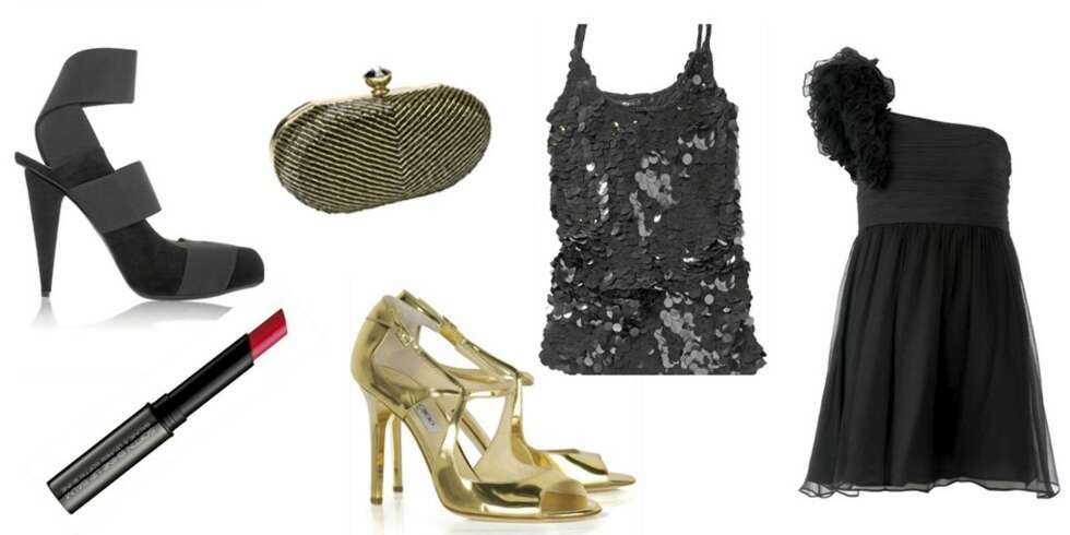 Sko fra Acne, ca kr 2800. Knallrød leppestift fra Gosh, kr 99. Veske fra Accessorize, kr 519.Gullsko fra Jimmy Choo/ Net-a-porter, ca. kr 4300. Paljett-topp fra Gina Tricot, kr 499. Kjole fra Mango, kr 899. Sko fra Acne, ca kr 2800. Knallrød leppestift fra Gosh, kr 99. Veske fra Accessorize, kr 519.Gullsko fra Jimmy Choo/ Net-a-porter, ca. kr 4300. Paljett-topp fra Gina Tricot, kr 499. Kjole fra Mango, kr 899.