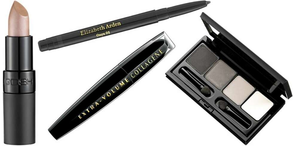 FRA VENSTRE: Gosh Lipstisck i fargen Darling (kr 79), Elizabeth Arden Liner i fargen Onyx (kr 165), L'Oréal Extra Volume Collagene maskara (kr 159), Gosh Eyeshadow Collection i fargen Smokey Eye (kr 129). FRA VENSTRE: Gosh Lipstisck i fargen Darling (kr 79), Elizabeth Arden Liner i fargen Onyx (kr 165), L'Oréal Extra Volume Collagene maskara (kr 159), Gosh Eyeshadow Collection i fargen Smokey Eye (kr 129).
