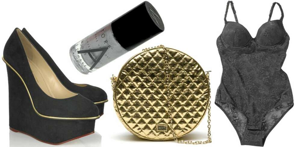 FRA VENSTRE: Skulpturerte sko fra Charlotte Olympia/Net-a-porter.com (kr 6000), neglelakk fra Make Up Store (kr 135), rund gullveske fra Mango (kr 349), blondebody fra Gina Tricot (kr 199). FRA VENSTRE: Skulpturerte sko fra Charlotte Olympia/Net-a-porter.com (kr 6000), neglelakk fra Make Up Store (kr 135), rund gullveske fra Mango (kr 349), blondebody fra Gina Tricot (kr 199).