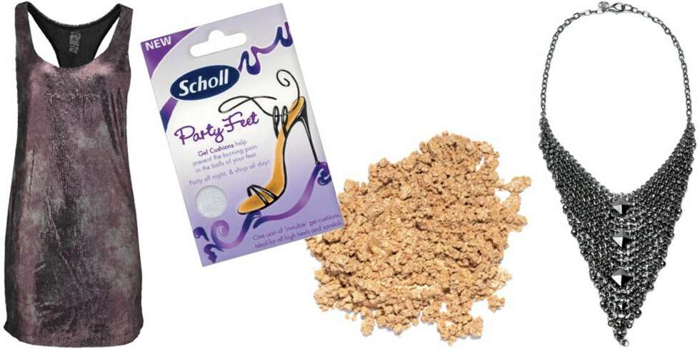 FRA VENSTRE: Metallisk paljettkjole fra Mango (kr 1299), Party Feet fra Scholl (kr 89), Skimmerskygge som kan brukes som highligts fra The Balm (kr 165), smykke fra Mango (kr 349). FRA VENSTRE: Metallisk paljettkjole fra Mango (kr 1299), Party Feet fra Scholl (kr 89), Skimmerskygge som kan brukes som highligts fra The Balm (kr 165), smykke fra Mango (kr 349).