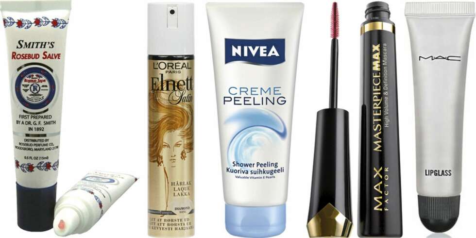 FRA VENSTRE: Rosebud Salve (kr 79), L'Oréal Elnett hårspray (kr 65), Nive Creme Peeling (kr 51), Max Factor Masterpiece Max maskara (kr 149), MAC Clear Lipsgloss (kr 145) FRA VENSTRE: Rosebud Salve (kr 79), L'Oréal Elnett hårspray (kr 65), Nive Creme Peeling (kr 51), Max Factor Masterpiece Max maskara (kr 149), MAC Clear Lipsgloss (kr 145)