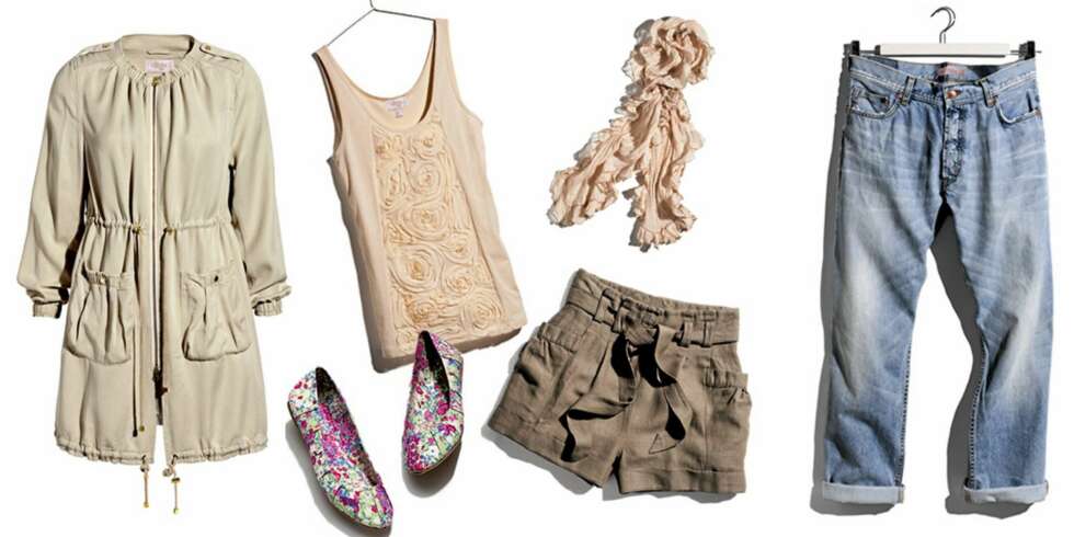 FRA VENSTRE: Beige jakke (kr 399), blomstrete ballerinasko (kr 199), tanktopp (kr 149), brun shorts (kr 249), skjerf (kr 99), baggy jeans (kr 399). FRA VENSTRE: Beige jakke (kr 399), blomstrete ballerinasko (kr 199), tanktopp (kr 149), brun shorts (kr 249), skjerf (kr 99), baggy jeans (kr 399).