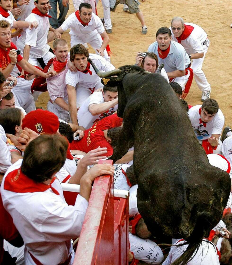 Denne oksen landet oppå en gruppe menn i okseringen i Pamplona. Dette er helt i starten på selve tyrefektingen. Denne oksen landet oppå en gruppe menn i okseringen i Pamplona. Dette er helt i starten på selve tyrefektingen.
