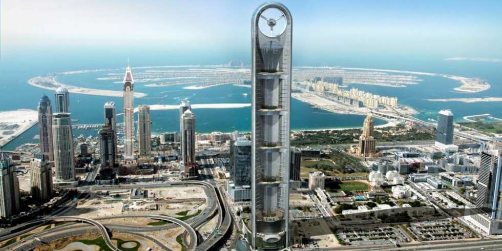 PROPELLHOTELL: Skyskraperen Anara Tower i Dubai kommer til å bli et av verdens mest luksuriøse byggverk. Legg merke til propellen i toppen - glasskulen i midten skal bli restaurant. PROPELLHOTELL: Skyskraperen Anara Tower i Dubai kommer til å bli et av verdens mest luksuriøse byggverk. Legg merke til propellen i toppen - glasskulen i midten skal bli restaurant.