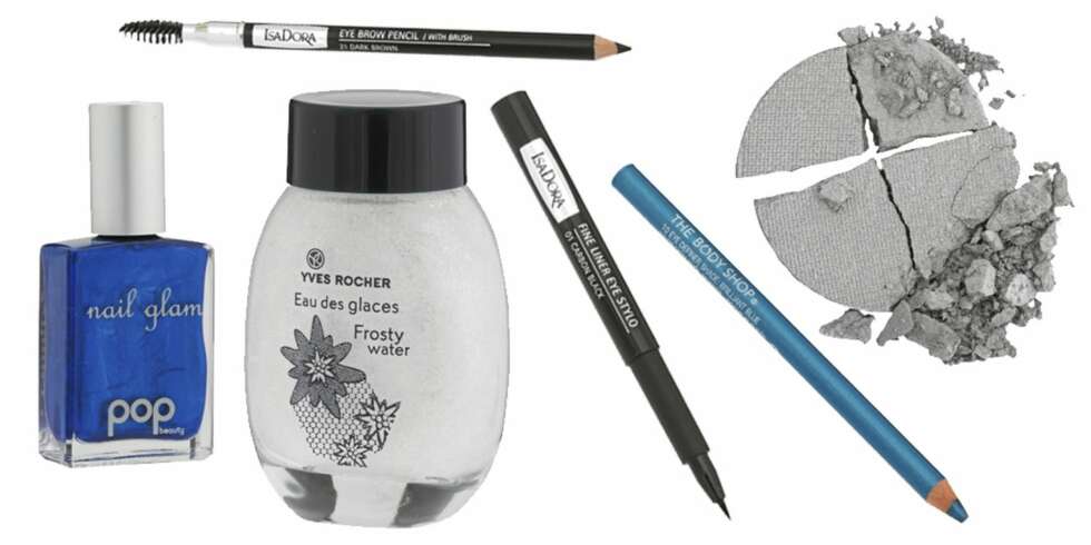 FRA VENSTRE: Pop Beauty Nail Glam i fargen Ocean (kr 85), Isadora Eye Brow Pencil i fargen Dark Brown (kr 89), Yves Rocher Frosty Water (kr 79), Isadora Fine Liner Eye Stylo i fargen Carbon Black (kr 99), The Body Shop Dazzling Eye Definer i fargen Brilliant Blue (kr 89), Kryolan Eyeshadow i fargen Silver (kr 65). FRA VENSTRE: Pop Beauty Nail Glam i fargen Ocean (kr 85), Isadora Eye Brow Pencil i fargen Dark Brown (kr 89), Yves Rocher Frosty Water (kr 79), Isadora Fine Liner Eye Stylo i fargen Carbon Black (kr 99), The Body Shop Dazzling Eye Definer i fargen Brilliant Blue (kr 89), Kryolan Eyeshadow i fargen Silver (kr 65).