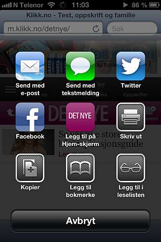 SNARVEI TIL DETNYE.NO: Gå inn på detnye.no med iPhonen din, klikk på det lille pilikonet nederst på skjermen og velg "Legg til på Hjem-skjerm". SNARVEI TIL DETNYE.NO: Gå inn på detnye.no med iPhonen din, klikk på det lille pilikonet nederst på skjermen og velg "Legg til på Hjem-skjerm".