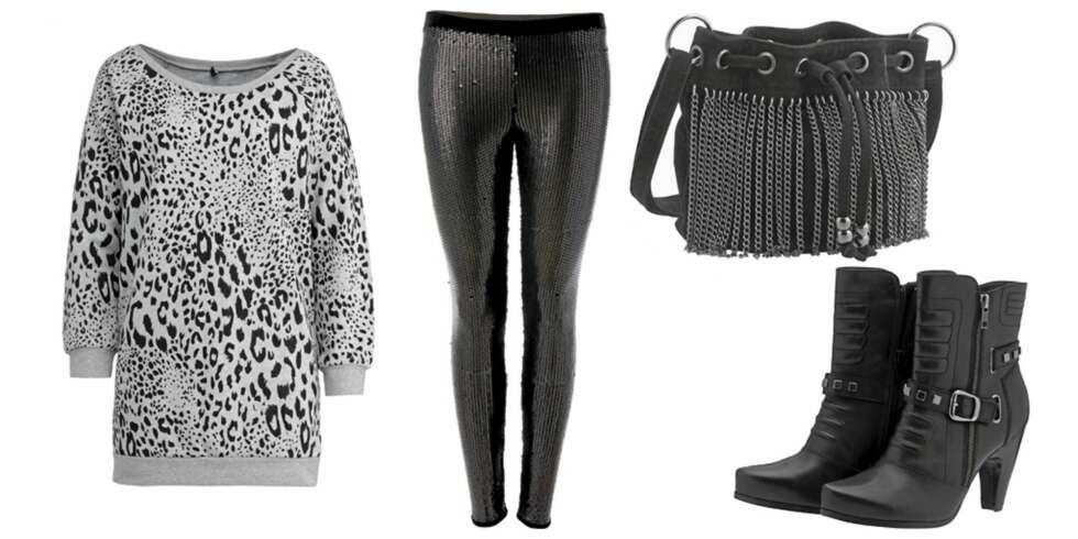 STYLINGTIPS: Fra venstre: Genser med leopardmønster fra Bik Bok, kr 299. Paljetttights fra Mango, kr 349. Veske fra Cubus, kr 199. Bikerinspirerte boots fra Din Sko, kr 699. STYLINGTIPS: Fra venstre: Genser med leopardmønster fra Bik Bok, kr 299. Paljetttights fra Mango, kr 349. Veske fra Cubus, kr 199. Bikerinspirerte boots fra Din Sko, kr 699.