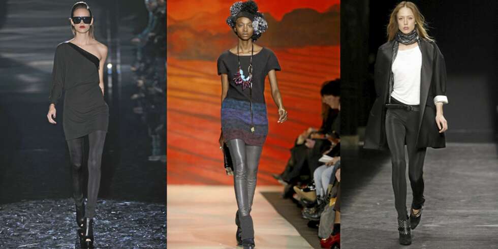 TREND: Tightsen preger vinterens motebilde også på catwalken. Fra venstre: Gucci, Diane Von Furstenberg og Isabel Maran. TREND: Tightsen preger vinterens motebilde også på catwalken. Fra venstre: Gucci, Diane Von Furstenberg og Isabel Maran.