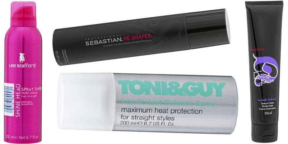 FRA VENSTRE: Lee Stafford Spray Shine (kr 99), Sebastian Re-shaper Hairspray (kr 375), Toni og Guy Iron-in Defense Spray (kr 132), Matrix Looselt Defien Texture Cream (kr 183). FRA VENSTRE: Lee Stafford Spray Shine (kr 99), Sebastian Re-shaper Hairspray (kr 375), Toni og Guy Iron-in Defense Spray (kr 132), Matrix Looselt Defien Texture Cream (kr 183).