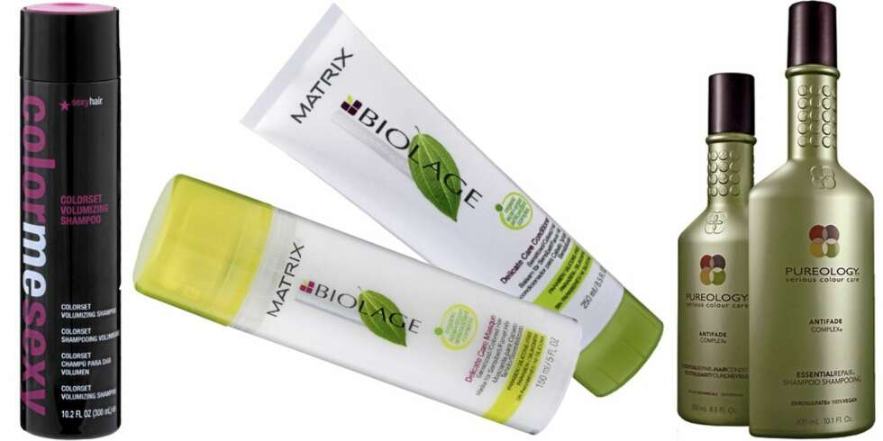FRA VENSTRE: Color Me Sexy sjampo (kr 224), Matrix Biolace Delicate Care Masque (kr 218), Matrix Biolace Delicate Care Conditioner (kr 196), Pureology Antifade Essential Repair sjampo og balsam (kr 285 pr. stk.). FRA VENSTRE: Color Me Sexy sjampo (kr 224), Matrix Biolace Delicate Care Masque (kr 218), Matrix Biolace Delicate Care Conditioner (kr 196), Pureology Antifade Essential Repair sjampo og balsam (kr 285 pr. stk.).