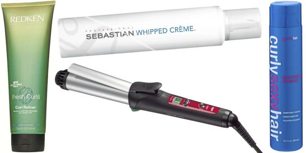 FRA VENSTRE: Redken Fresh Curls Curl Refiner (kr 328), Sebastian Whipped Crème (kr 290), Braun Satin Hair EC2 krølltang (kr 599), Curly Sexy Hair sjampo (kr 196). FRA VENSTRE: Redken Fresh Curls Curl Refiner (kr 328), Sebastian Whipped Crème (kr 290), Braun Satin Hair EC2 krølltang (kr 599), Curly Sexy Hair sjampo (kr 196).