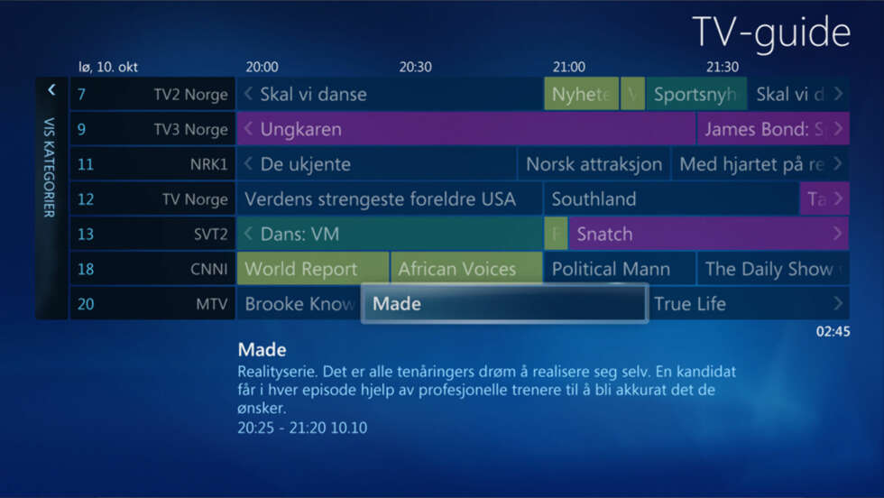 Med fargekoder i programguiden har det blitt lettere å se hvilke type programmer som går. Du kan også sortere programmene etter navn på hver enkelt kanal istedenfor å se dem i kronologisk rekkefølge. Med fargekoder i programguiden har det blitt lettere å se hvilke type programmer som går. Du kan også sortere programmene etter navn på hver enkelt kanal istedenfor å se dem i kronologisk rekkefølge.