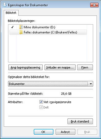 INNSTILLINGER: Under egenskaper kan du legge til nye mapper til et bibliotek, og velge hvilken mappe som skal være standard lagringsmappe. INNSTILLINGER: Under egenskaper kan du legge til nye mapper til et bibliotek, og velge hvilken mappe som skal være standard lagringsmappe.