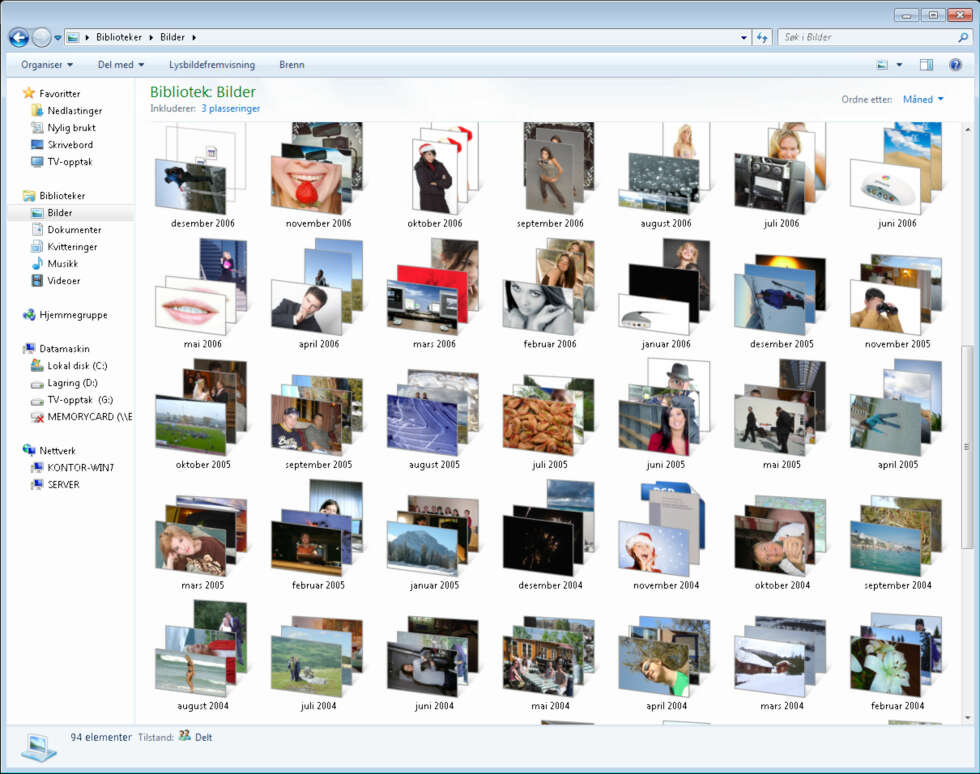 ALLE BILDER: Disse bildene ligger i ulike mapper på denne maskinen og en Home Server. I biblioteket kan de vises etter når de er tatt, uavhengig av hvor de er lagret. ALLE BILDER: Disse bildene ligger i ulike mapper på denne maskinen og en Home Server. I biblioteket kan de vises etter når de er tatt, uavhengig av hvor de er lagret.