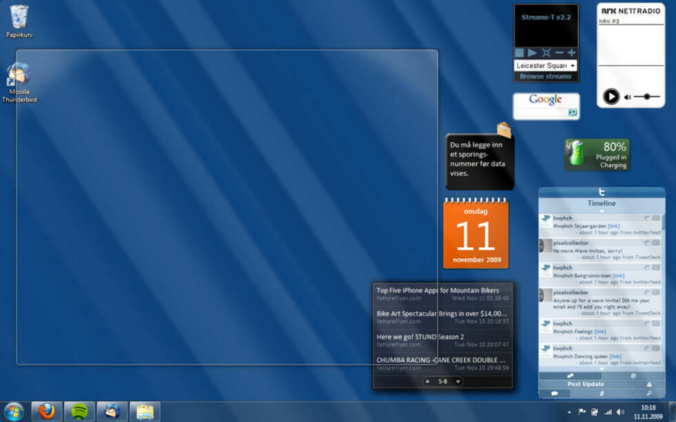BRUKERTIPS: Aero-peek i Windows 7 gjør miniprogrammene nyttigere. Hold musepekeren over feltet helt til høyre på oppgavelinjen. Eller enda bedre, hold Windows-tasten nede mens du taster mellomrom. BRUKERTIPS: Aero-peek i Windows 7 gjør miniprogrammene nyttigere. Hold musepekeren over feltet helt til høyre på oppgavelinjen. Eller enda bedre, hold Windows-tasten nede mens du taster mellomrom.