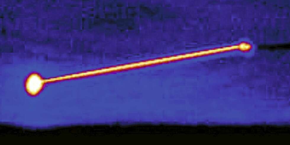 LASER: Laserstrålen ALTB avfyrte 12. februar og som ødela et missil ser slik ut på et infrarødt bilde. LASER: Laserstrålen ALTB avfyrte 12. februar og som ødela et missil ser slik ut på et infrarødt bilde.