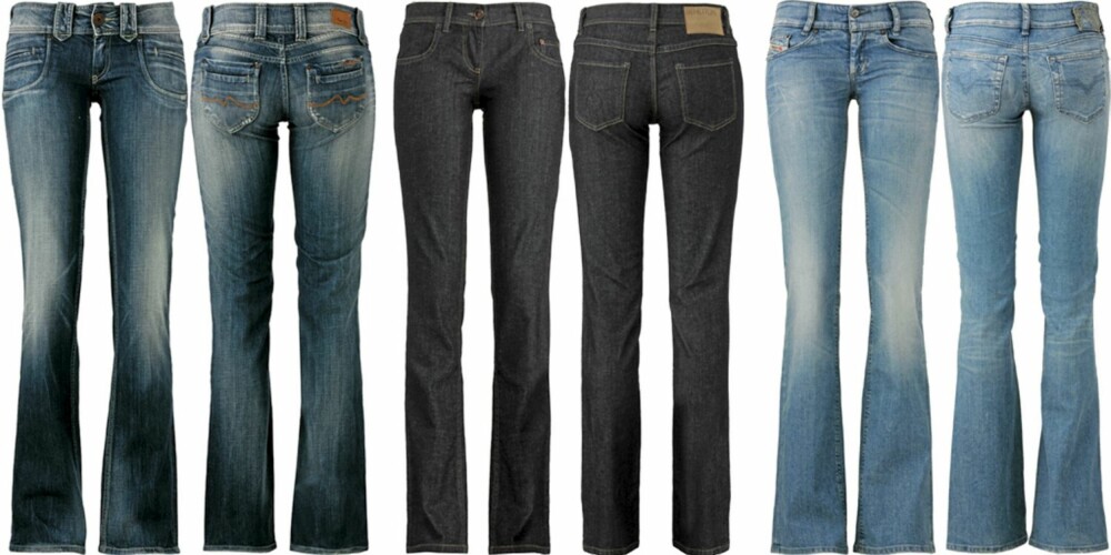 FRA VENSTRE: Pepe Jeans (kr 1199), Benetton (kr 499), Diesel (kr 1299). FRA VENSTRE: Pepe Jeans (kr 1199), Benetton (kr 499), Diesel (kr 1299).