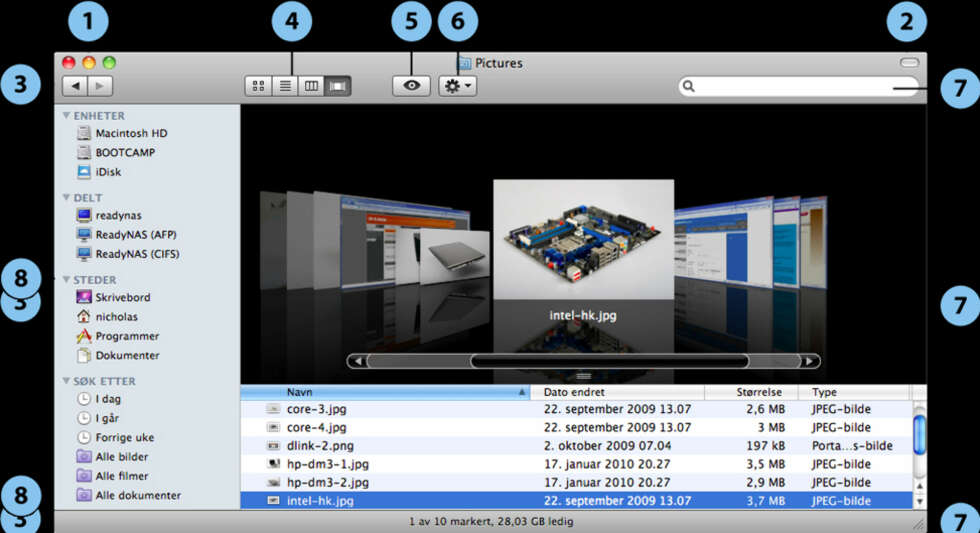 FINDER: Filhåndtereren i Mac OS X heter Finder, og har en mye enklere utførelse enn Utforsker i Windows. FINDER: Filhåndtereren i Mac OS X heter Finder, og har en mye enklere utførelse enn Utforsker i Windows.
