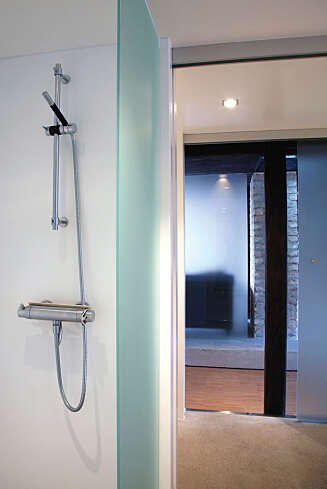 BADET: Dusjnisjen innerst i badet har vegger i corian og en halvvegg i sandblåst glass. BADET: Dusjnisjen innerst i badet har vegger i corian og en halvvegg i sandblåst glass.