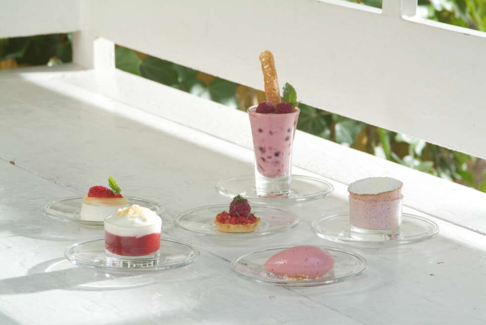 FRA VENSTRE: Hylleblomstmousse med gelé, Jordbærkompott, Bær-quiche, Smoothie, Paprikasorbet og Markjordbær-soufflé. FRA VENSTRE: Hylleblomstmousse med gelé, Jordbærkompott, Bær-quiche, Smoothie, Paprikasorbet og Markjordbær-soufflé.