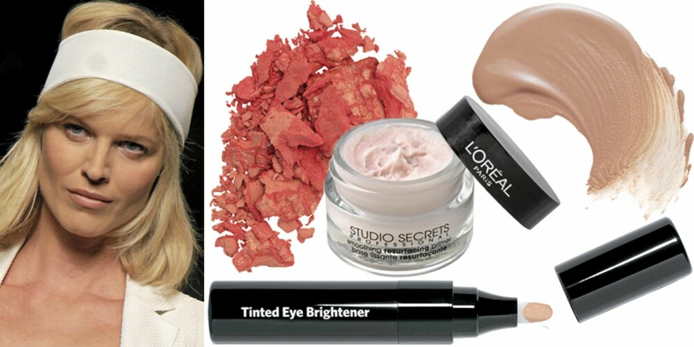 FRA VENSTRE: På catwalken til Hermés, Bobbi Brown Tinted Eye Brightener (kr 260), Chanel Blush Duo Effect nr 20 Tweed Corail (kr 385), L'Oréal Studio Secert Smoothing Resurfing Primer (kr 189), Vichy Aera Teint Silky Foundation (kr 159). FRA VENSTRE: På catwalken til Hermés, Bobbi Brown Tinted Eye Brightener (kr 260), Chanel Blush Duo Effect nr 20 Tweed Corail (kr 385), L'Oréal Studio Secert Smoothing Resurfing Primer (kr 189), Vichy Aera Teint Silky Foundation (kr 159).
