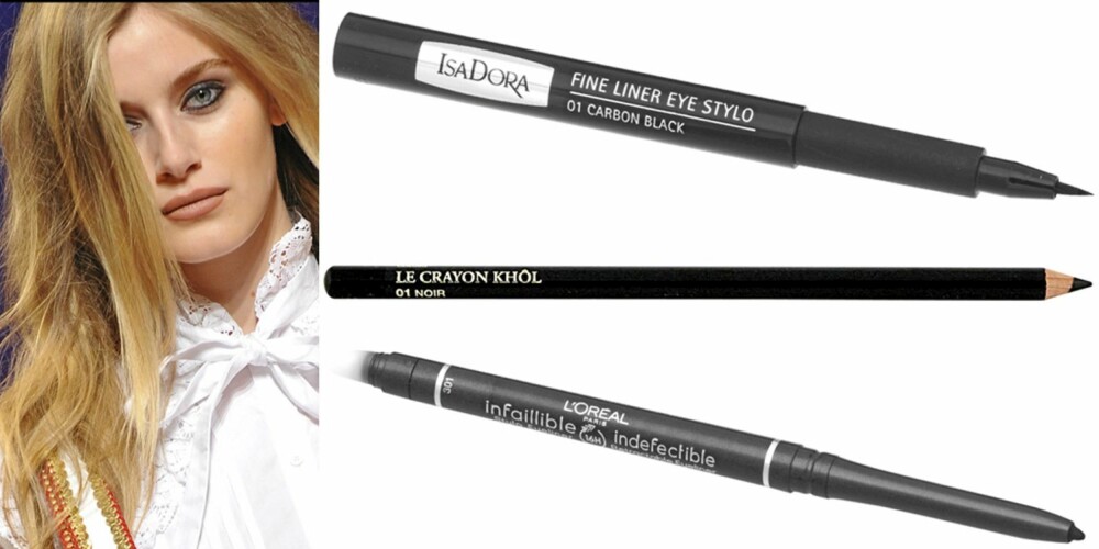 FRA VENSTRE: Fra catwalken til Paul & Joe, Isadora Fine Liner Eye Stylo 01 Carbon Black (kr 99), Lancôme Le Crayon Khol 001 Black (kr 155), L'Oréal Infailible Style Eyeliner (kr 105). FRA VENSTRE: Fra catwalken til Paul & Joe, Isadora Fine Liner Eye Stylo 01 Carbon Black (kr 99), Lancôme Le Crayon Khol 001 Black (kr 155), L'Oréal Infailible Style Eyeliner (kr 105).