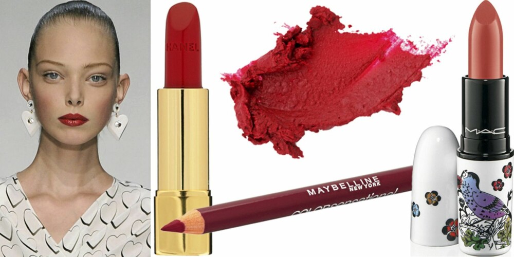 FRA VENSTRE: På catwalken til Ungaro, Chanel Rouge Allure Lipstick (kr 300), Maybelline Lipliner (kr 120), YSL Rouge Voluptè nr. 18 Red Taboo (kr 255), Mac Lipstick Give Me Liberty (kr 165). FRA VENSTRE: På catwalken til Ungaro, Chanel Rouge Allure Lipstick (kr 300), Maybelline Lipliner (kr 120), YSL Rouge Voluptè nr. 18 Red Taboo (kr 255), Mac Lipstick Give Me Liberty (kr 165).
