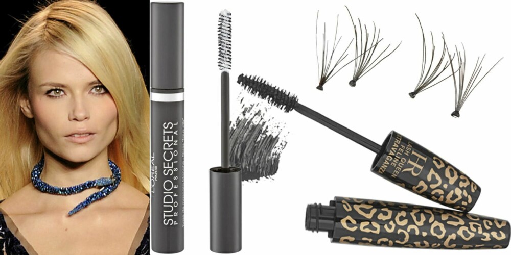 FRA VENSTRE: På catwalken til Anna Sui, L'Oréal Studio Secrets False Eyelash Base Mascara (kr 149), Helena Rubinstein Lash Queen Feline Exravaganza Black ()kr 285), Make Up Store Single Eyelashes (kr 95). FRA VENSTRE: På catwalken til Anna Sui, L'Oréal Studio Secrets False Eyelash Base Mascara (kr 149), Helena Rubinstein Lash Queen Feline Exravaganza Black ()kr 285), Make Up Store Single Eyelashes (kr 95).