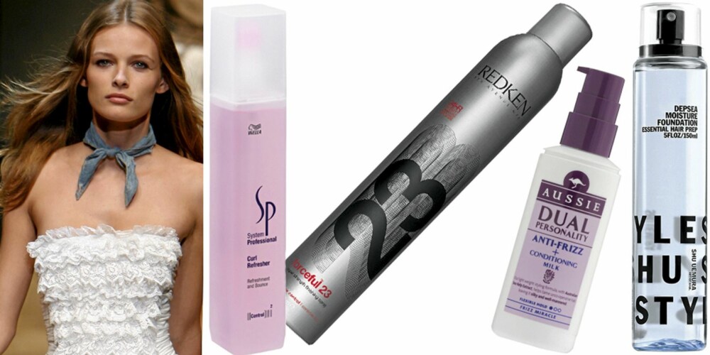 FRA VENSTRE: På catwalken til D&G, Wella System Professional Curl Refresher (kr 255), Redken Forceful 23 Hairspray (kr 268), Aussie Dual Personality Anti-Frizz Conditioning Milk (kr 124), Shu Uemura Depsa Moisture Foundation (kr 385). FRA VENSTRE: På catwalken til D&G, Wella System Professional Curl Refresher (kr 255), Redken Forceful 23 Hairspray (kr 268), Aussie Dual Personality Anti-Frizz Conditioning Milk (kr 124), Shu Uemura Depsa Moisture Foundation (kr 385).