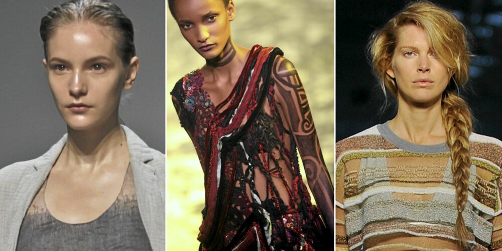 FRA VENSTRE: Blank hud hos Calvin Klein, tatoveringer hos Rodarte og lang flette hos ALexander Wang. FRA VENSTRE: Blank hud hos Calvin Klein, tatoveringer hos Rodarte og lang flette hos ALexander Wang.