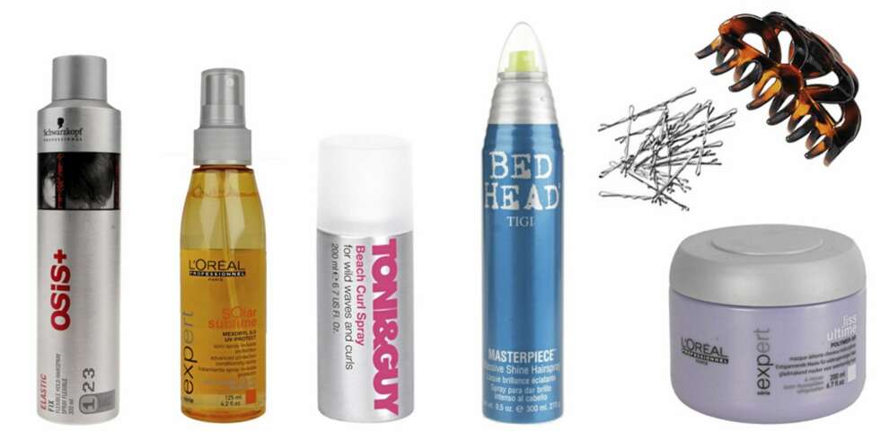 FRA VENSTRE: Osis Elastic Fix Flexible Hold Hairspray (kr 139), L'Oréal Professionnel Solar Sublime Advanced Protection Conditioning (kr 139), Tony & Guy Beach Curl Spray (kr 132), Tigi Bed Head Masterpiece Hairspray (kr 149), hårlus fra H&M (kr 19,50), hårklype fra H&M (kr 19,50), L'Oréal Professionnel Expert Serie Liss Ultime Mask (kr 159). FRA VENSTRE: Osis Elastic Fix Flexible Hold Hairspray (kr 139), L'Oréal Professionnel Solar Sublime Advanced Protection Conditioning (kr 139), Tony & Guy Beach Curl Spray (kr 132), Tigi Bed Head Masterpiece Hairspray (kr 149), hårlus fra H&M (kr 19,50), hårklype fra H&M (kr 19,50), L'Oréal Professionnel Expert Serie Liss Ultime Mask (kr 159).