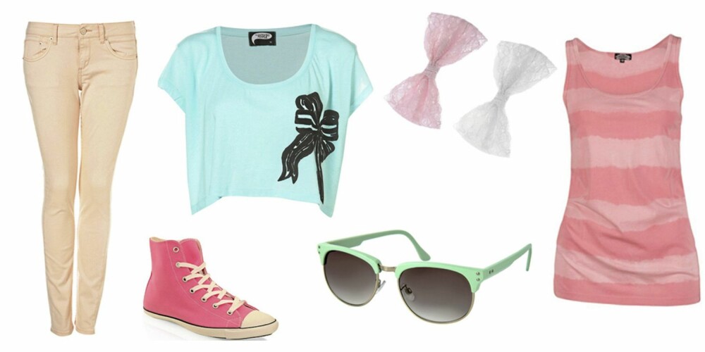 FRA VENSTRE: Bukse fra Topshop (kr 387), topp fra Topshop (kr 194), sko fra Converse (kr 699), hårsløyfer fra Asos (kr 48), solbrille fra Asos (kr 68), singlet fra Bik Bok (kr 99). FRA VENSTRE: Bukse fra Topshop (kr 387), topp fra Topshop (kr 194), sko fra Converse (kr 699), hårsløyfer fra Asos (kr 48), solbrille fra Asos (kr 68), singlet fra Bik Bok (kr 99).
