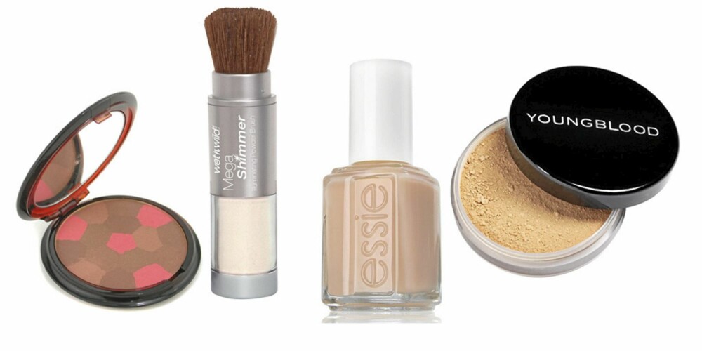FRA VENSTRE: Terracotta solpudder fra Guerlain (kr 348), Mega shimmer powder blush fra Wet'n wild (kr 59), nude neglelakk fra Essie (kr 99), mineralpudder fra Youngblood (kr 475). FRA VENSTRE: Terracotta solpudder fra Guerlain (kr 348), Mega shimmer powder blush fra Wet'n wild (kr 59), nude neglelakk fra Essie (kr 99), mineralpudder fra Youngblood (kr 475).