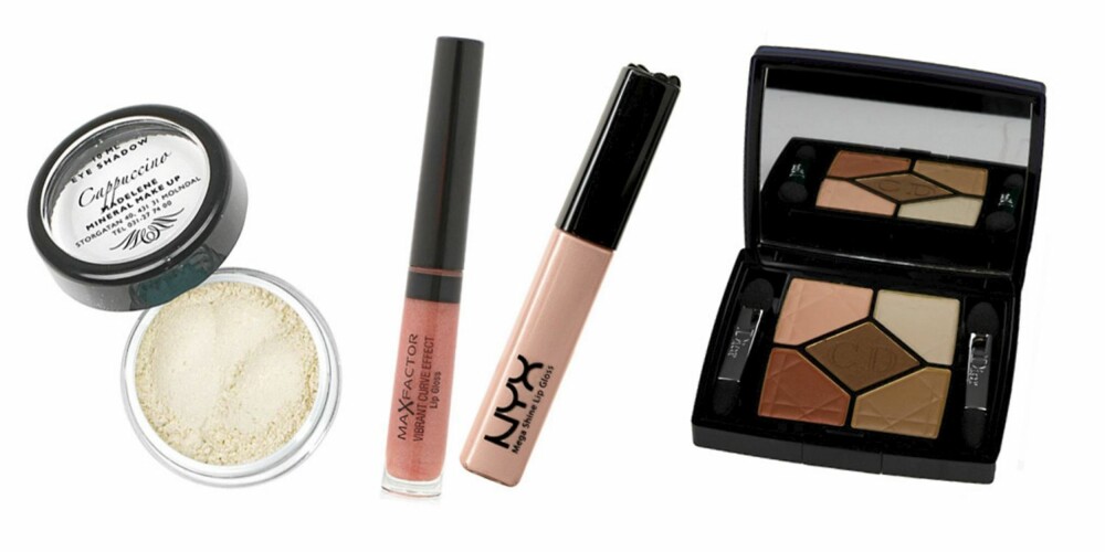 FRA VENSTRE: Mineralskygge i fargen Cappucino fra Moyana Corrigan (kr 125), korallfarget lipgloss som skal forsterke leppekonturen fra Max Factor (kr 99), nude lipgloss fra NYX (kr 95), øyenskyggepalett fra Dior (kr 399). FRA VENSTRE: Mineralskygge i fargen Cappucino fra Moyana Corrigan (kr 125), korallfarget lipgloss som skal forsterke leppekonturen fra Max Factor (kr 99), nude lipgloss fra NYX (kr 95), øyenskyggepalett fra Dior (kr 399).