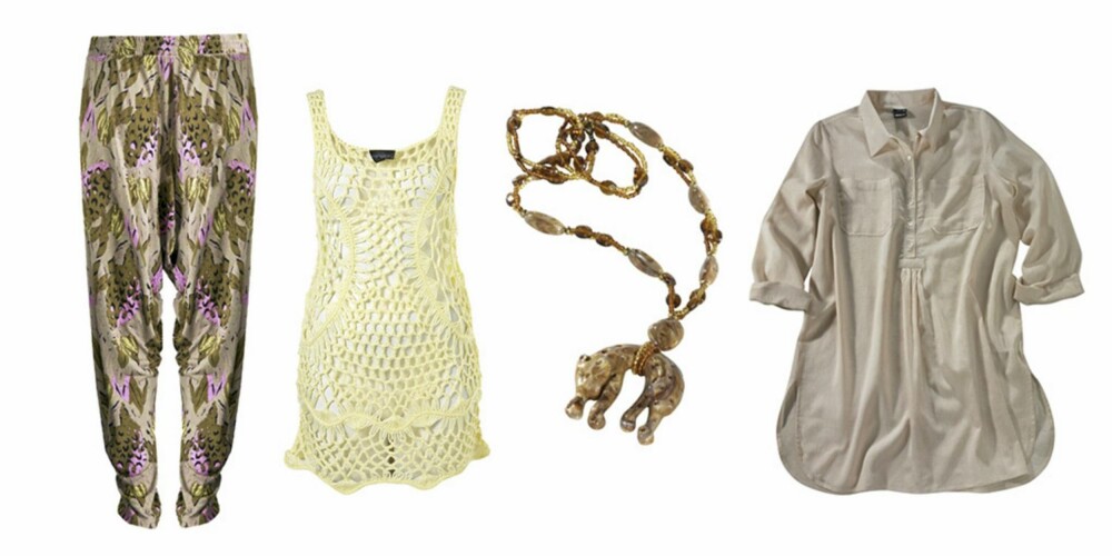 FRA VENSTRE: Haremsbukse fra Ellos (kr 249), heklet topp fra Topshop (kr 267), smykke med hengende panter fra Ellos (kr 129) og naturfarget skjorte fra Gina Tricot (kr 149). FRA VENSTRE: Haremsbukse fra Ellos (kr 249), heklet topp fra Topshop (kr 267), smykke med hengende panter fra Ellos (kr 129) og naturfarget skjorte fra Gina Tricot (kr 149).