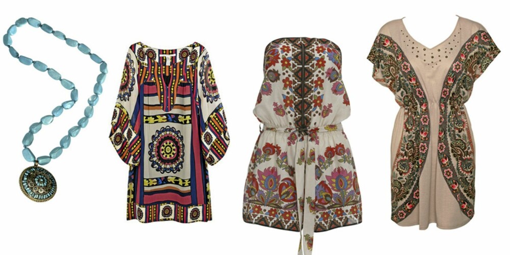 FRA VENSTRE: Turkis smykke fra Ellos (kr 149,50), mønstrete tunika fra Diane Von Furstenberg (kr 3593), playsuit fra Warehouse (kr 430) og tunika fra Mina UK (kr 795). FRA VENSTRE: Turkis smykke fra Ellos (kr 149,50), mønstrete tunika fra Diane Von Furstenberg (kr 3593), playsuit fra Warehouse (kr 430) og tunika fra Mina UK (kr 795).