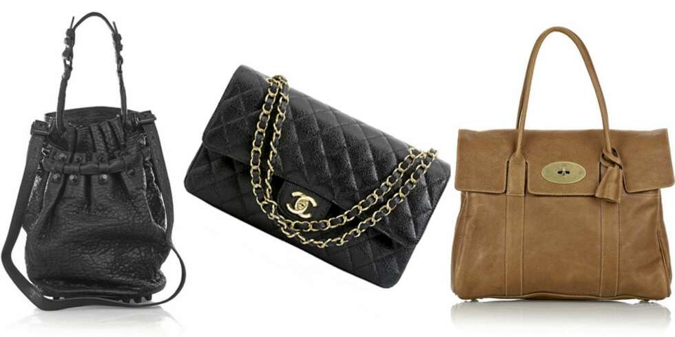DESIGNERVESKER: Fra venstre: Alexander Wang Diego Bucket Bag, Chanel 2.55 og Mulberry Bayswater. DESIGNERVESKER: Fra venstre: Alexander Wang Diego Bucket Bag, Chanel 2.55 og Mulberry Bayswater.