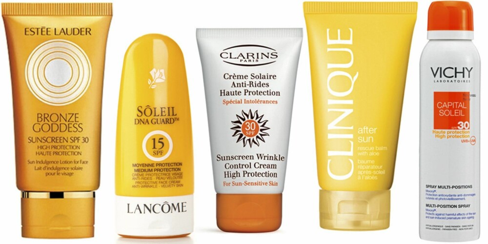 FRA VENSTRE: Estée Lauder Bronze Goddess Sunscreen Face SPF 30 (kr 250), Lancôme Sôleil DNA Guard SPF 15 (kr 265), Clinique After Sun Rescue Balm with Aloe (kr 210), Vichy Capital Soleil Mulit-Position Spray SPF 30 (kr 189). FRA VENSTRE: Estée Lauder Bronze Goddess Sunscreen Face SPF 30 (kr 250), Lancôme Sôleil DNA Guard SPF 15 (kr 265), Clinique After Sun Rescue Balm with Aloe (kr 210), Vichy Capital Soleil Mulit-Position Spray SPF 30 (kr 189).