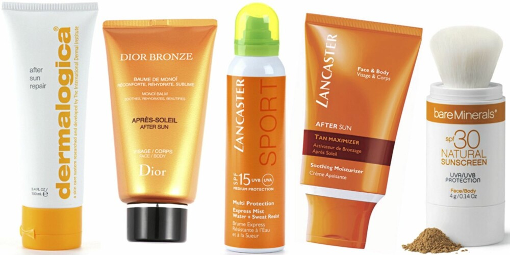 FRA VENSTRE: Dermalogica After Sun Repair (kr 390), Dior Bronze Monoï Balm After Sun Face and Body (kr 290), Lancaster Sport Express Mist Water and Sweat Resist SPF 15 (kr 260), Lancaster After Sun Tan Maximizer Face and Body (kr 290), bareMinerals Natural Sunscreen SPF 30 (kr 499). FRA VENSTRE: Dermalogica After Sun Repair (kr 390), Dior Bronze Monoï Balm After Sun Face and Body (kr 290), Lancaster Sport Express Mist Water and Sweat Resist SPF 15 (kr 260), Lancaster After Sun Tan Maximizer Face and Body (kr 290), bareMinerals Natural Sunscreen SPF 30 (kr 499).