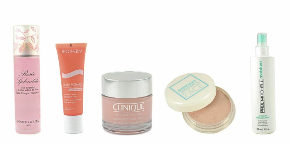 FRA VENSTRE: Annick Goutal Rosee Splendid Vitamin Spray (kr 330), Biotherm Flash Recsharge Mask (kr 345), Clinique Moisture Surge Extended Thirst Relief (kr 428), Everyday Mineral Face (kr 145), Paul Mitchell Awapuhi Moisture Mist (kr 98). FRA VENSTRE: Annick Goutal Rosee Splendid Vitamin Spray (kr 330), Biotherm Flash Recsharge Mask (kr 345), Clinique Moisture Surge Extended Thirst Relief (kr 428), Everyday Mineral Face (kr 145), Paul Mitchell Awapuhi Moisture Mist (kr 98).