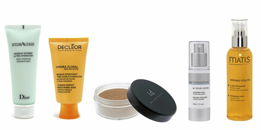 FRA VENSTRE: Christian Dior Hydraction Deep Hydration Intensive Mask ( kr 276), Decleor Hydra Floral Anti-Pollution Moirsturising Mask (kr 287), BareMinerals pudder (kr 429), MD Formulations Moisture Defence Antioxidant Lotion (kr 499), Matis Energising Lotion (kr 269). FRA VENSTRE: Christian Dior Hydraction Deep Hydration Intensive Mask ( kr 276), Decleor Hydra Floral Anti-Pollution Moirsturising Mask (kr 287), BareMinerals pudder (kr 429), MD Formulations Moisture Defence Antioxidant Lotion (kr 499), Matis Energising Lotion (kr 269).