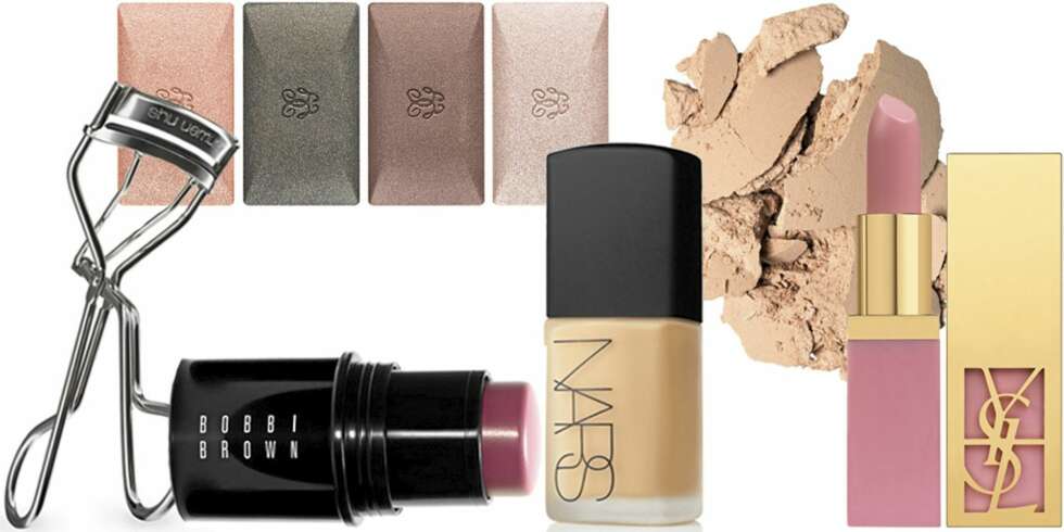 FRA VENSTRE: Shu Uemura Eyelash Curler (kr 200), Guerlain Météorites Ombre Éclat 4 Shades (kr 520), Bobbi Brown Tinted Cheek Colour (kr 215), Nars Sheer Glow Foundation (kr 250), YSL Palette Y-Mail Compact Powder (kr 465), YSL Rouge Pure Shine (kr 245). FRA VENSTRE: Shu Uemura Eyelash Curler (kr 200), Guerlain Météorites Ombre Éclat 4 Shades (kr 520), Bobbi Brown Tinted Cheek Colour (kr 215), Nars Sheer Glow Foundation (kr 250), YSL Palette Y-Mail Compact Powder (kr 465), YSL Rouge Pure Shine (kr 245).