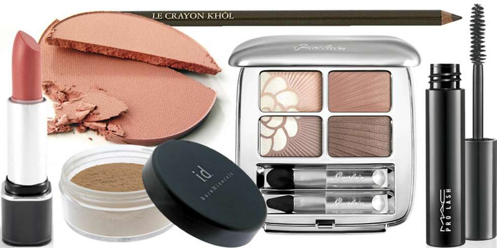 FRA VENSTRE: Elizabeth Arden Color Intrigue Effects Lipstick (kr 200), L'Oréal True Match Blush (kr 135), BareMinerals Foundation pudder (kr 429), Lancôme Le Crayon Khol kajal (kr 165), Guerlain Ombre Éclat øyenskygge (kr 520), Mac Pro Lash Mascara (kr 135). FRA VENSTRE: Elizabeth Arden Color Intrigue Effects Lipstick (kr 200), L'Oréal True Match Blush (kr 135), BareMinerals Foundation pudder (kr 429), Lancôme Le Crayon Khol kajal (kr 165), Guerlain Ombre Éclat øyenskygge (kr 520), Mac Pro Lash Mascara (kr 135).