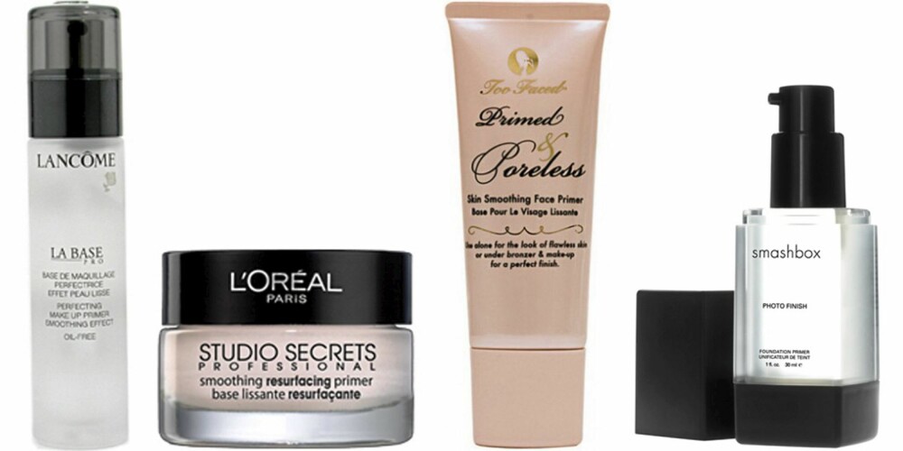 FRA VENSTRE: Lancome La Base Pro Perfecting Makeup Primer (kr 269), Loreal Profesional Smoothing Resorfacing Primer (kr 122), Too FAced Primed and Coreless Skin Smoothing FAce Primer (kr 295) og Smashbox Photo Finish Foundation Primer (kr 385). FRA VENSTRE: Lancome La Base Pro Perfecting Makeup Primer (kr 269), Loreal Profesional Smoothing Resorfacing Primer (kr 122), Too FAced Primed and Coreless Skin Smoothing FAce Primer (kr 295) og Smashbox Photo Finish Foundation Primer (kr 385).