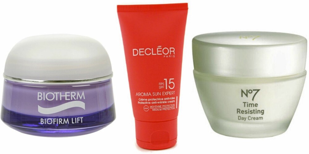 FRA VENSTRE: Biotherm Biofirm Lift (kr 489), Decleor Aroma Sun Expert Protective Anti Wrinkle Cream SPF 14 (kr 246) og NO7 Time Resisting Day Cream (kr 239). FRA VENSTRE: Biotherm Biofirm Lift (kr 489), Decleor Aroma Sun Expert Protective Anti Wrinkle Cream SPF 14 (kr 246) og NO7 Time Resisting Day Cream (kr 239).