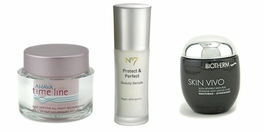 FRA VENSTRE: Ahava Time Line Age Defying All Night Nourishment (kr 399), NO7 Protect and Perfect Serum (kr 289), Biotherm Skin Vivo Anti Aging Nightcream (kr 530). FRA VENSTRE: Ahava Time Line Age Defying All Night Nourishment (kr 399), NO7 Protect and Perfect Serum (kr 289), Biotherm Skin Vivo Anti Aging Nightcream (kr 530).